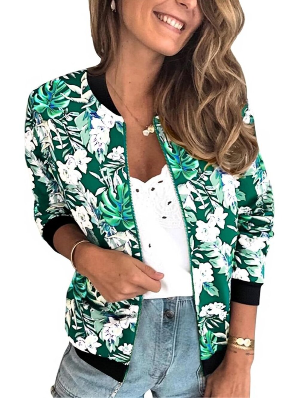 Women's Green Floral Front Zip Closure Long Sleeve Lining Quilted Bomber Jacket